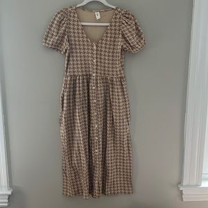 Kate Quinn Cotton V-Neck Button Front Puff Sleeve Pocket Dress Houndstooth XS